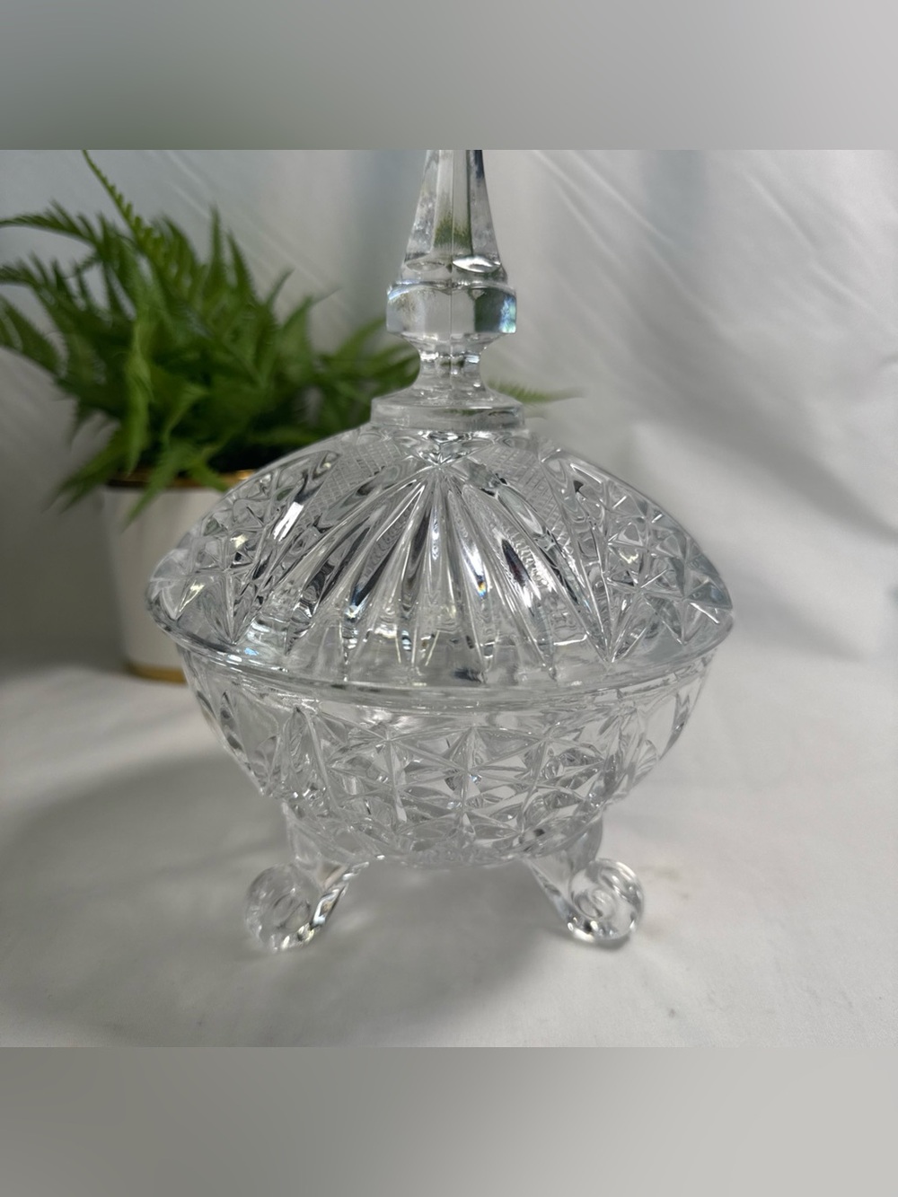 Vintage Hand Cut Crystal Candy Dish with Lid and Feet 9” X6”